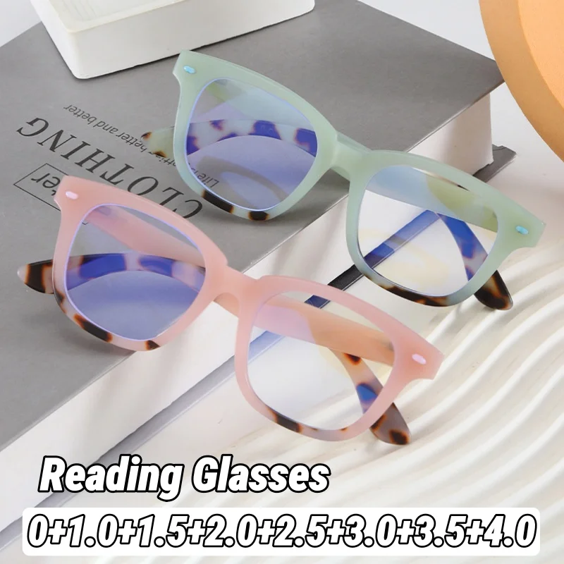 

2026 New Leopard Rivet Square Frame Presbyopia Glasses Fashion Simple Anti Blue Light Women Reader Eyewear Diopter 0 To +4.0