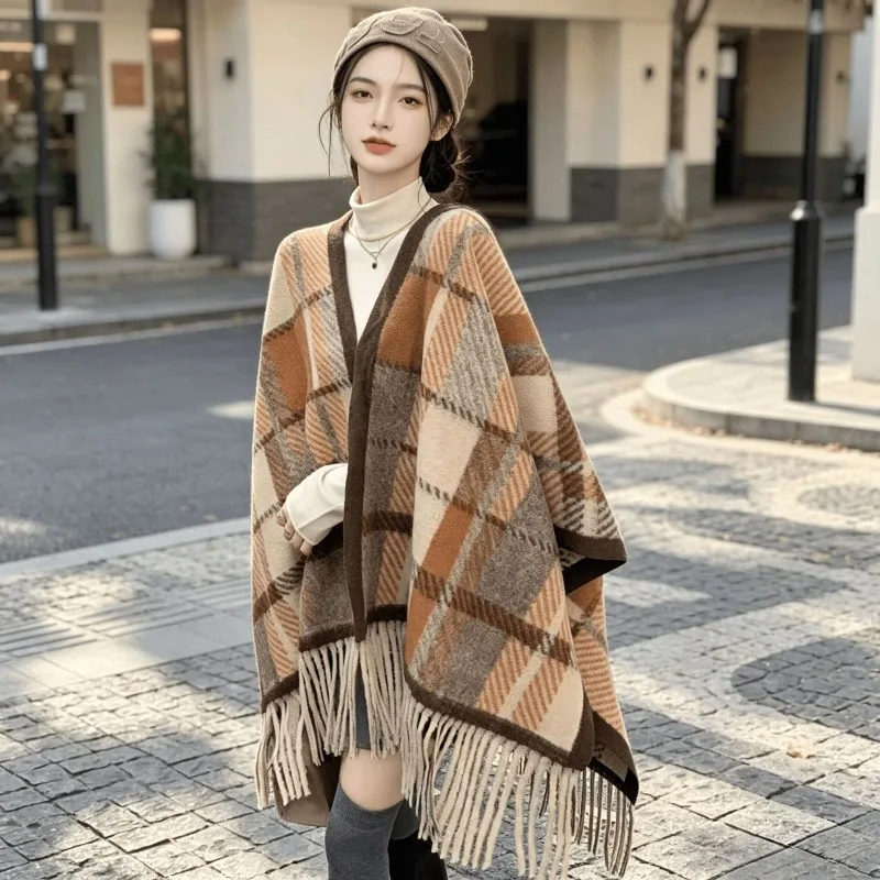 Autumn and winter Faux Cashmere Plaid Shawl Scarf Women Versatile Wrap Poncho for Travel and Air Conditioned Rooms