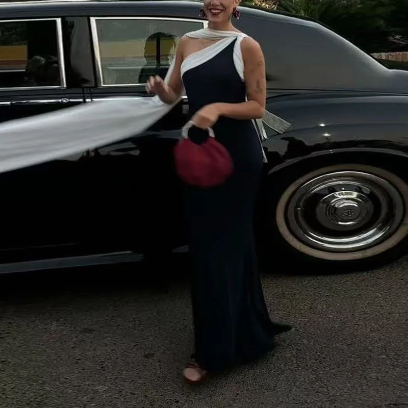 Elegancka damska sukienka na jedno ramię z wstążką, seksowna, łączona, bez rękawów, maxi w kształcie litery A, nowa letnia moda, sukienka boho z odkrytymi plecami.