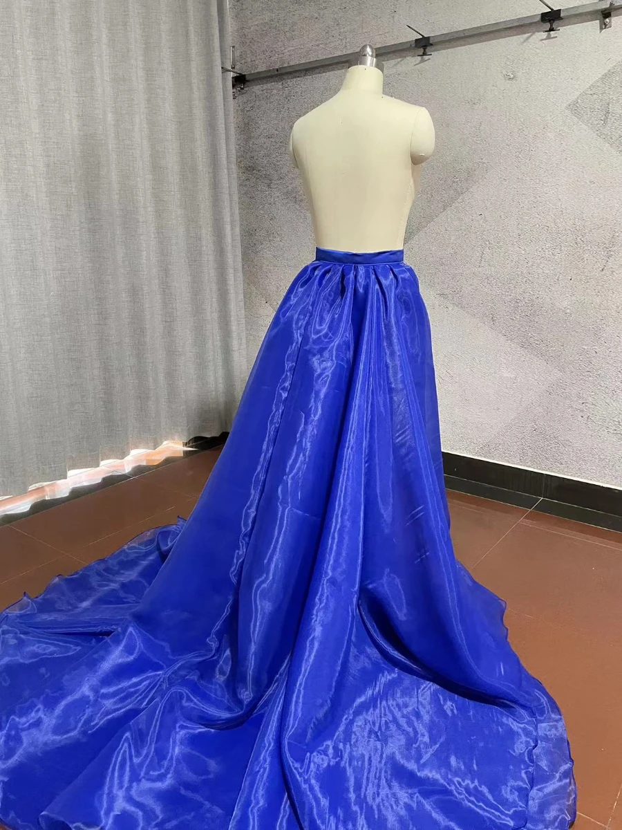 Sobre a saia do envoltório para mulheres, sobreposição, comprimento do assoalho, 4 camadas, organza, trem dtachable, azul, saia maxi longa, tamanho personalizado