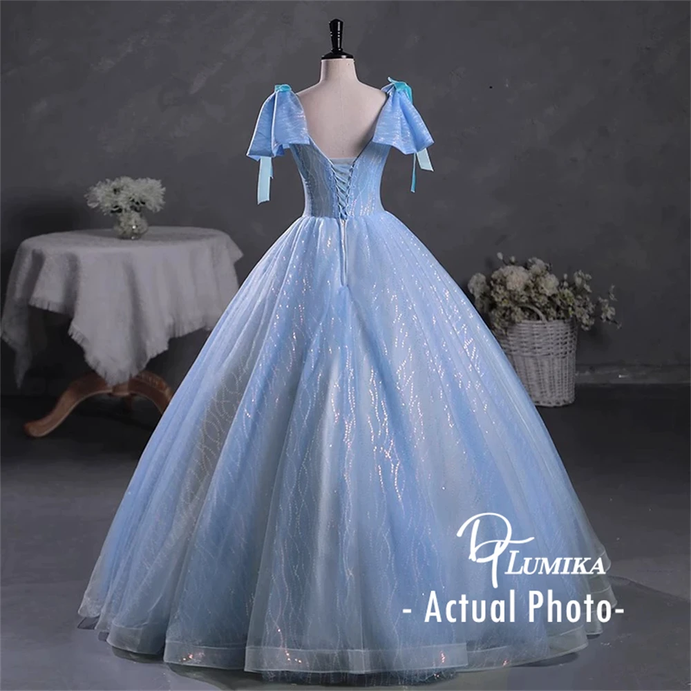 DTLumika Lovely Bow Shoulder Beaded Quinceanera Dresses for Women Ball Gown V Neck Sweet 15 Dresses Blue Corset Prom Party Gowns