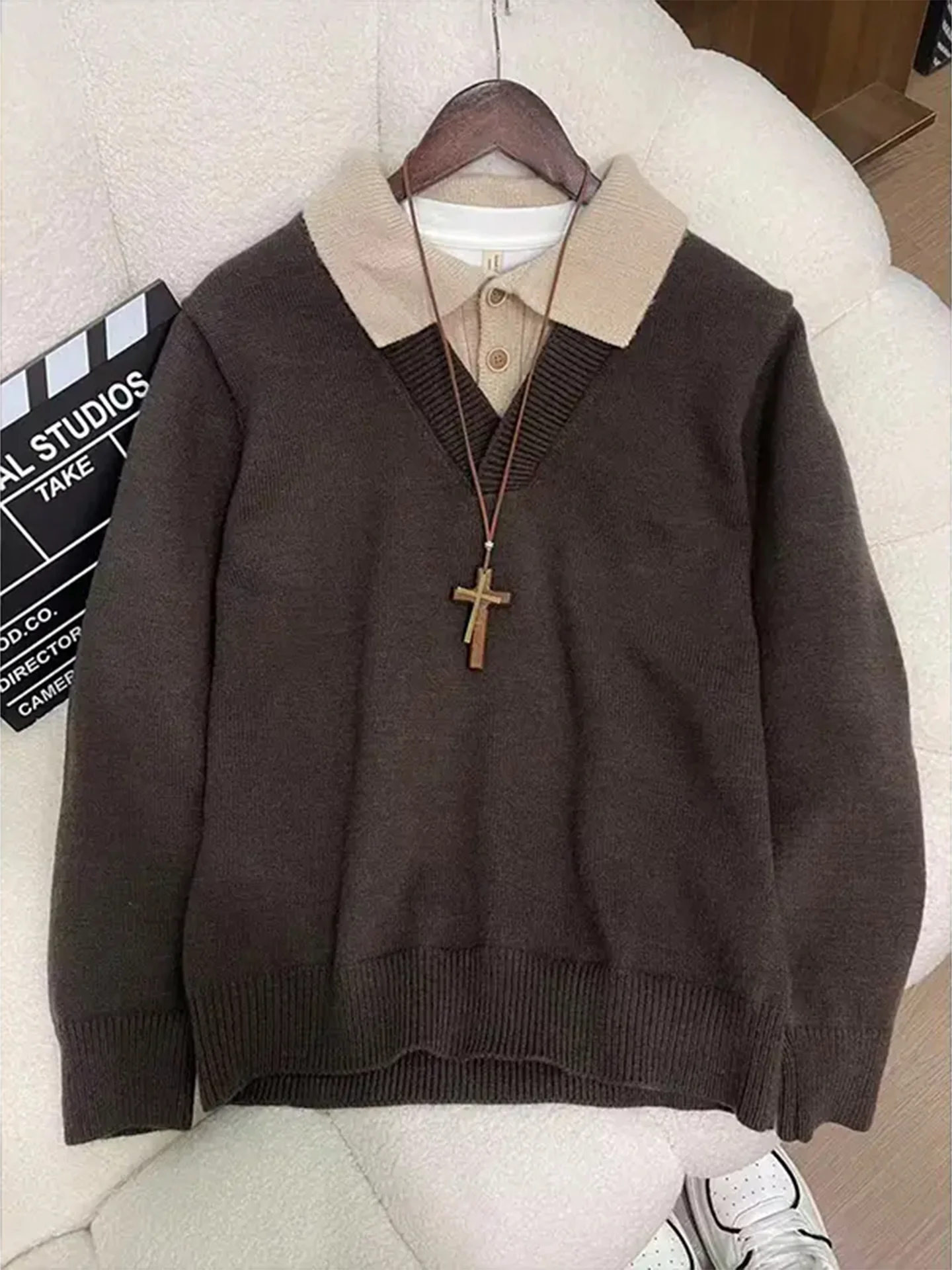 

Coffe Brown American Sle Thiened Lazy Collar Knitted Sweater Fake Two-Piece Men's Winter Outerwear High-End Feeling