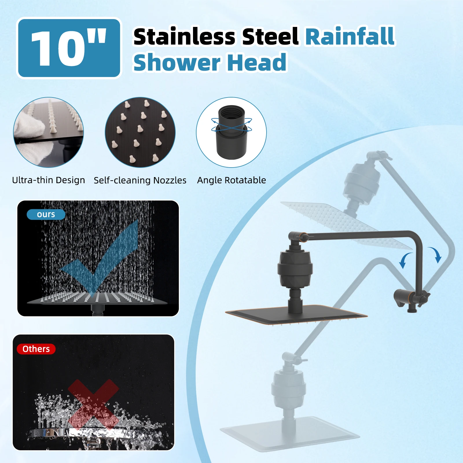 رأس دش مفلتر، مجموعة رأس دش مطري عالي الضغط مقاس 10 بوصات مع فلتر دش، ذراع تمديد الدش مقاس 11 بوصة، خرطوم 71 بوصة