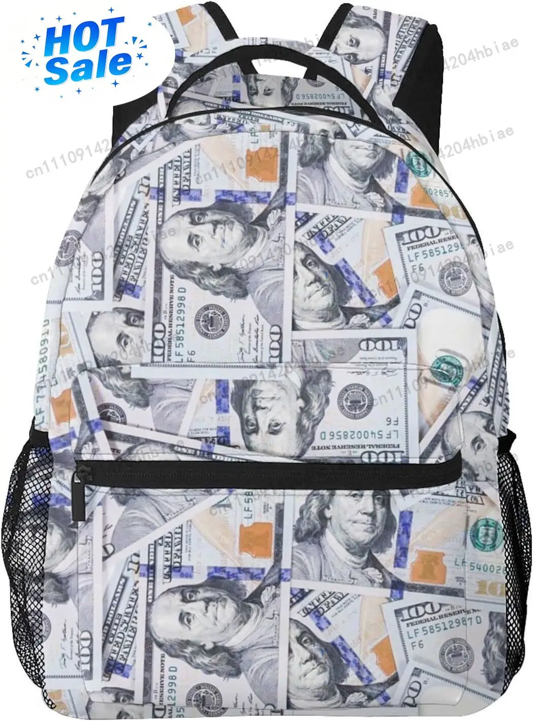 100 Dollar Bill Money Casual School Backpack Portable Daypack for Outdoor Sports Travel Bag 16 Inch,One Size