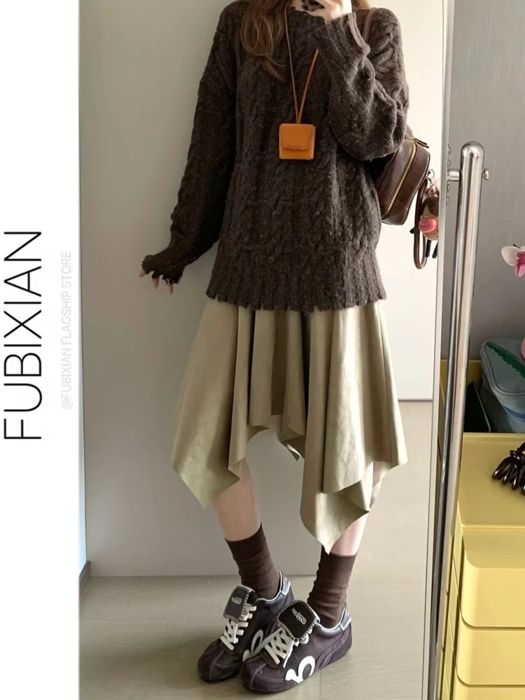 

Retro American Brown Suede Skirt Asymmetrical Cut Midi Length Lazy Sle Women's f Body Skirt Spring New Arrival