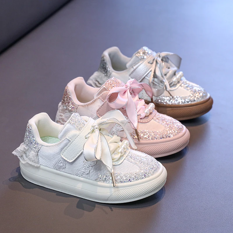 

Children Casual Shoes Toddler Baby Girls Bow Sequin Sneakers Glitter Soft Sole Non-slip Sports Shoes Fashion Solid Board Shoes