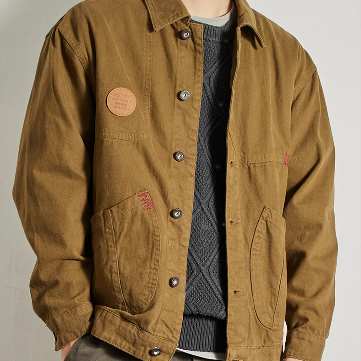 May Khaki vintage cargo coat men\'s garment wash stamped multi-pocket combed cotton to do old woven jacket trend