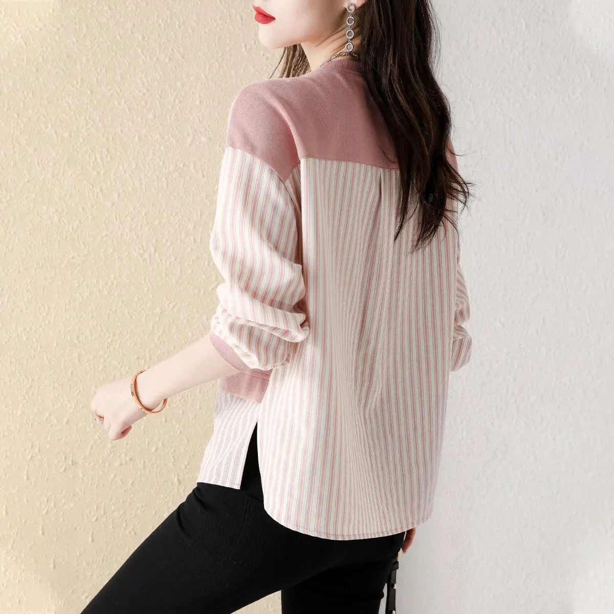 O- Neck Blended Striped Patchwork Autumn Winter Comfortable Casual Long Women\'s Clothing T-Shirts Fashion Simple Temperament