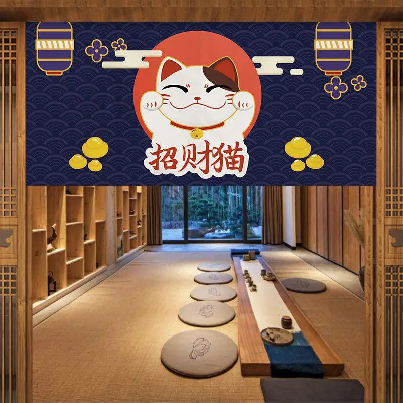 VIKAMA Lucky Cat Noren Door Curtain Maneki Neko Blue Wave Lantern Print Japanese Style Half Curtain Room Divider Kitchen