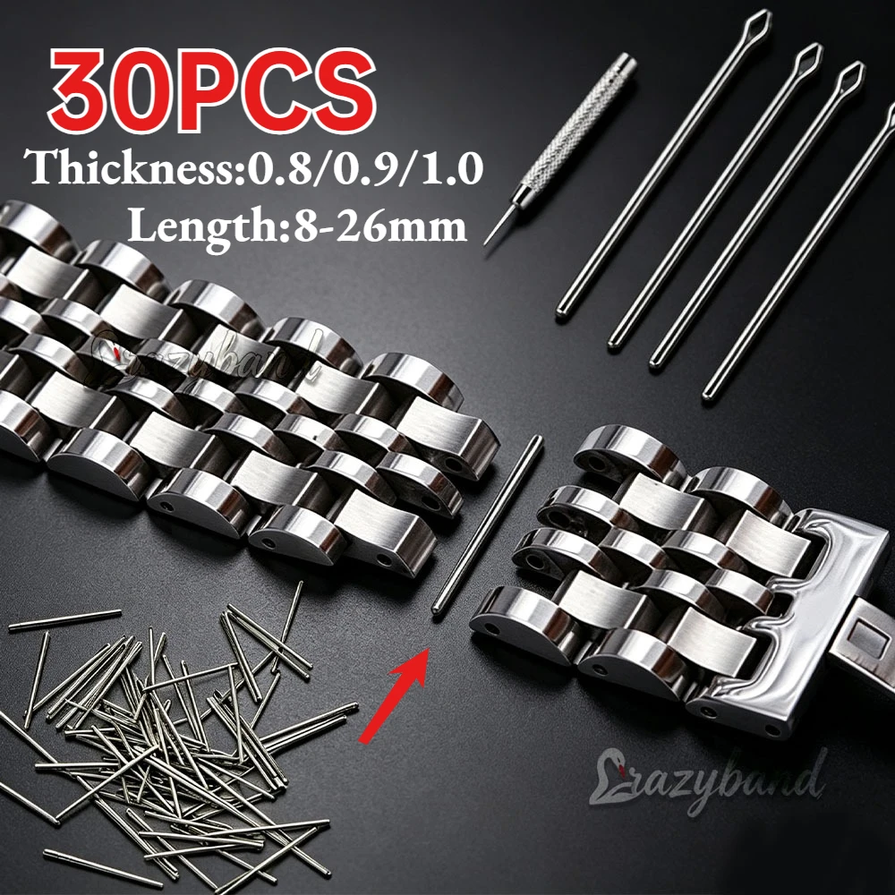 30Pcs Watch Strap Link Pins Stainless Steel Watchband Connect Bar 0.8/0.9/1.0mm Thickness 8-26mm Split Pin Bracelet Repair Tools