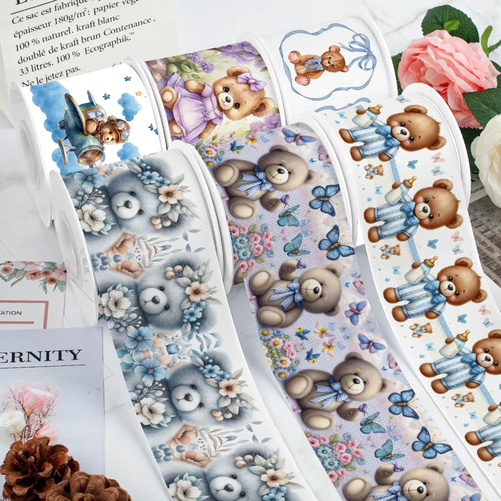 5yards Grosgrain Ribbons Cartoon Bear Pattern Grosgrain Ribbons Satin Ribbon for Cheer Gift DIY Girl Hair Bows