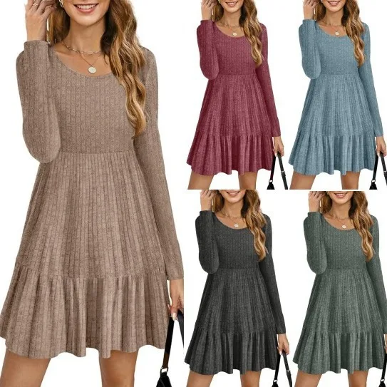 

Y2K Fall/Winter New Arrival Trendy Crewneck Long-Sleeve Knit Sweater Dress for Women - Minimalist Solid Color Casual Dress