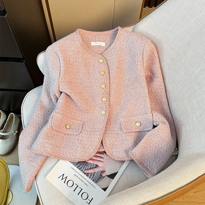 French small fragrant style coarse tweed short jacket women in spring fashion age reducing single breasted versatile coat