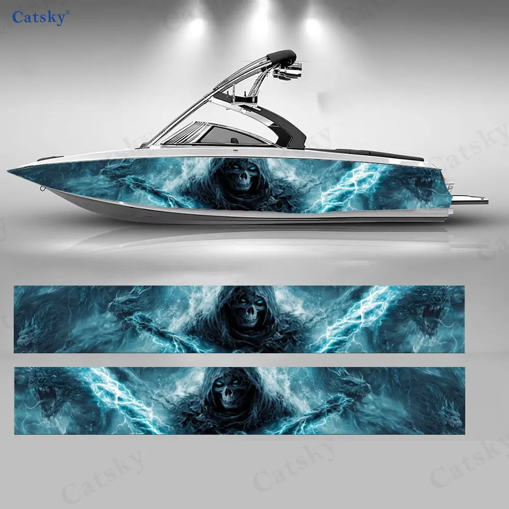 2Pcs Frost Lightning Skull Boat Stickers, PVC Waterproof Durable Vinyl Wrap Decals for Fishing Boats, Durable and Stylish Design