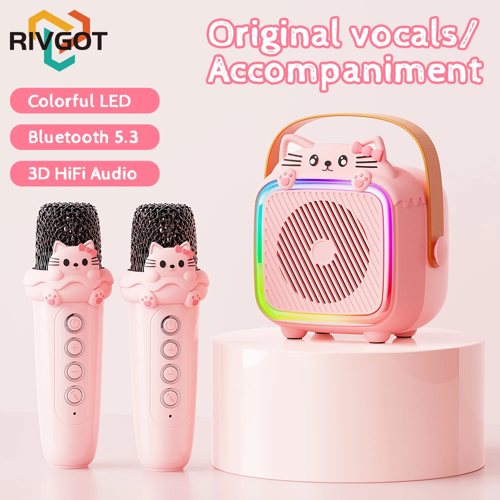 RIVGOT Portable Karaoke Machine Wireless Microphone System Bluetooth Speaker with Light Family Singing Machine for Kids Gifts