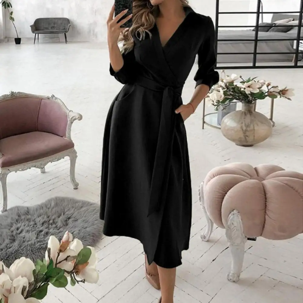 A-line Midi Dress Elegant A-line V Neck Midi Dress with Belted Waist Pockets for Fall Spring Parties Women Long-sleeved Dress