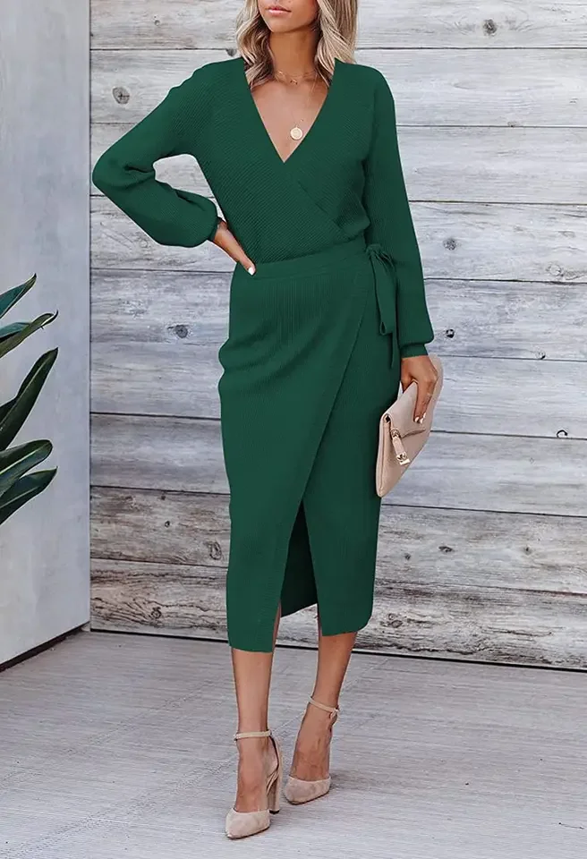 

Elegant Office Lady Irregular Long Sleeve Dress Sexy Deep V Neck Solid Laec Up Midi Split Dresses 2024 Autumn Fashion New