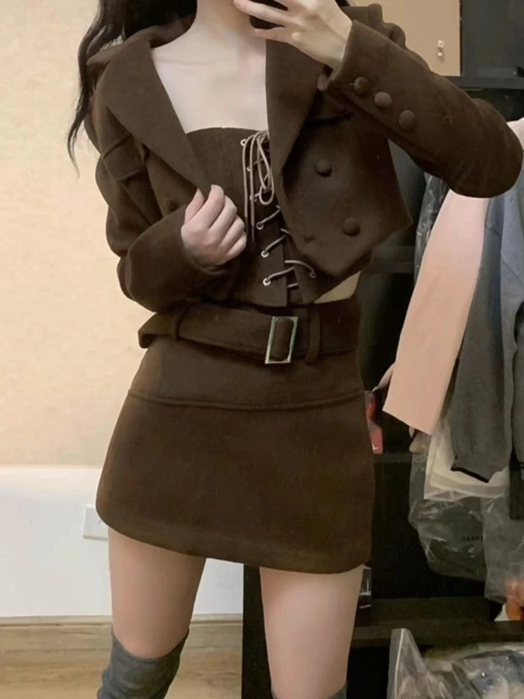 Korean Fashion 3 Piece Set Casual Vintage Suit Short Coat + Slim Vest + Bodycon Y2k Mini Skirt Solid Party Clothing 2023 Autumn