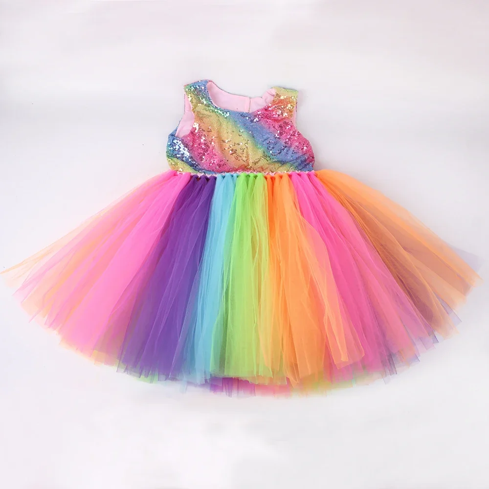 Rainbow Sequins Princess Dress for Girls Sleeveless Backless Party Evening Tutu Dresses Kids Clothes Vestido Children\'s Clothing