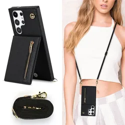 Zipper Wallet CrossBody Lanyard Case For Samsung Galaxy S26 S25 S24 S23 Ultra S22 Plus S21 FE S20 Kickstand Cards Solt Cover