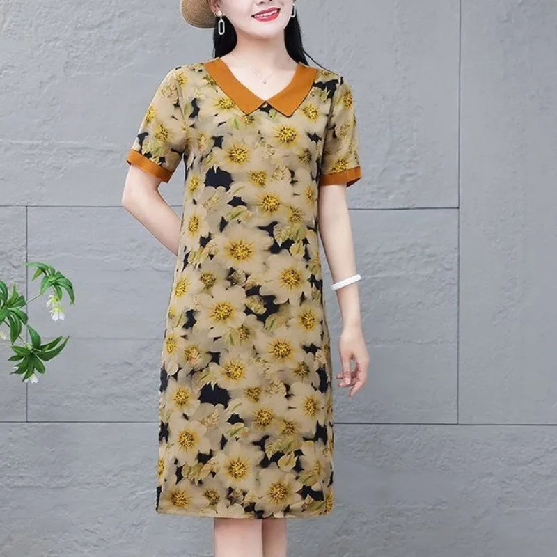 Vestido feminino com retalhos de manga curta, gola aberta, slim fit, vestidos casuais versáteis, moda estampada, novo, verão, 2024