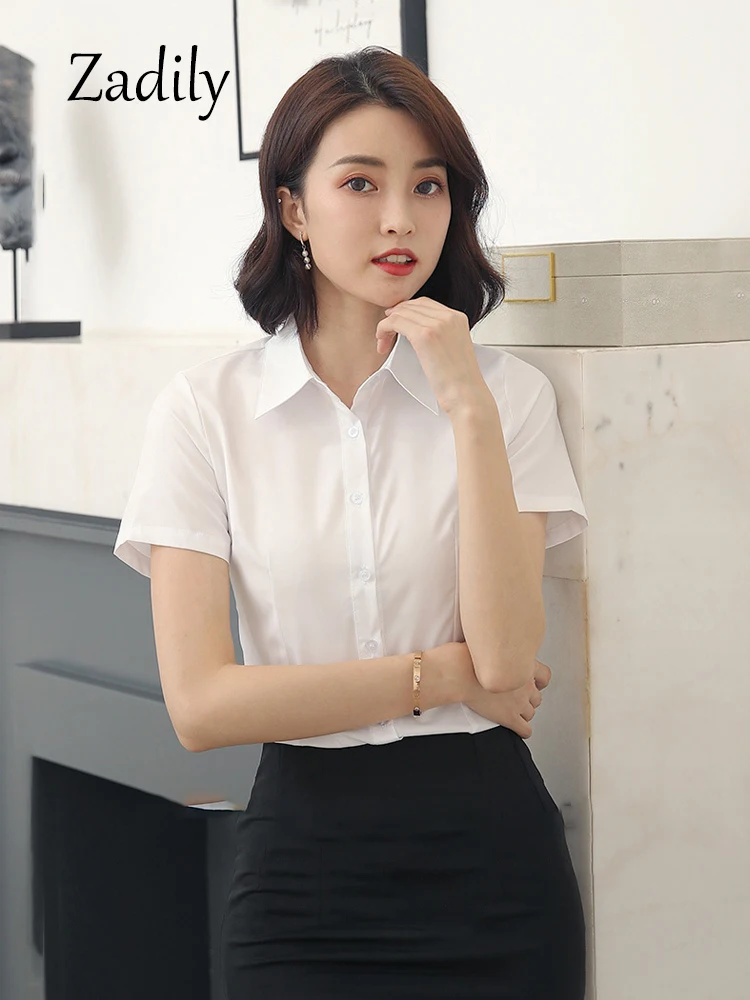 Summer Office Lady Button Up Women Basic White Shirt Minimalist Slim Tunic Button Up Top Short Sleeve Woman Work Shirts Clothing