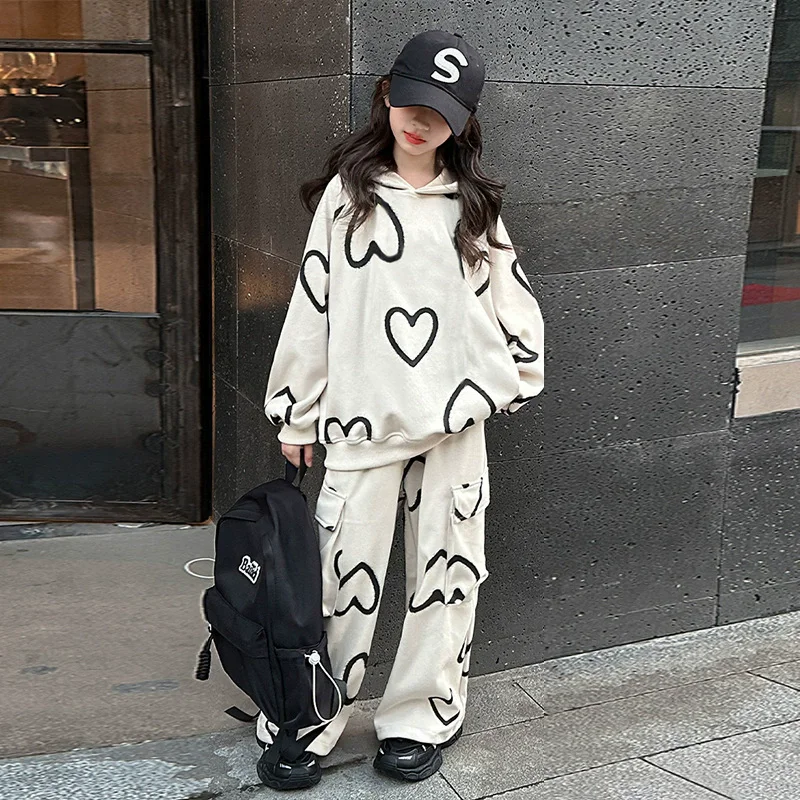 Spring Fall School Girls Sport Suit Printed Hooded Sweatshirt+Sport Pants 2pcs Teen Kids Clothes Set Children Tracksuit outfit