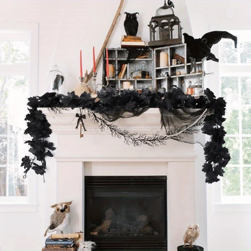 Schwarze Ahornblatt-Kränze, verbesserte künstliche Herbstblätter, Halloween-Dekoration für Zuhause, Kamin, Treppe, Fenster, Haustür, Ornamente – Detail 1