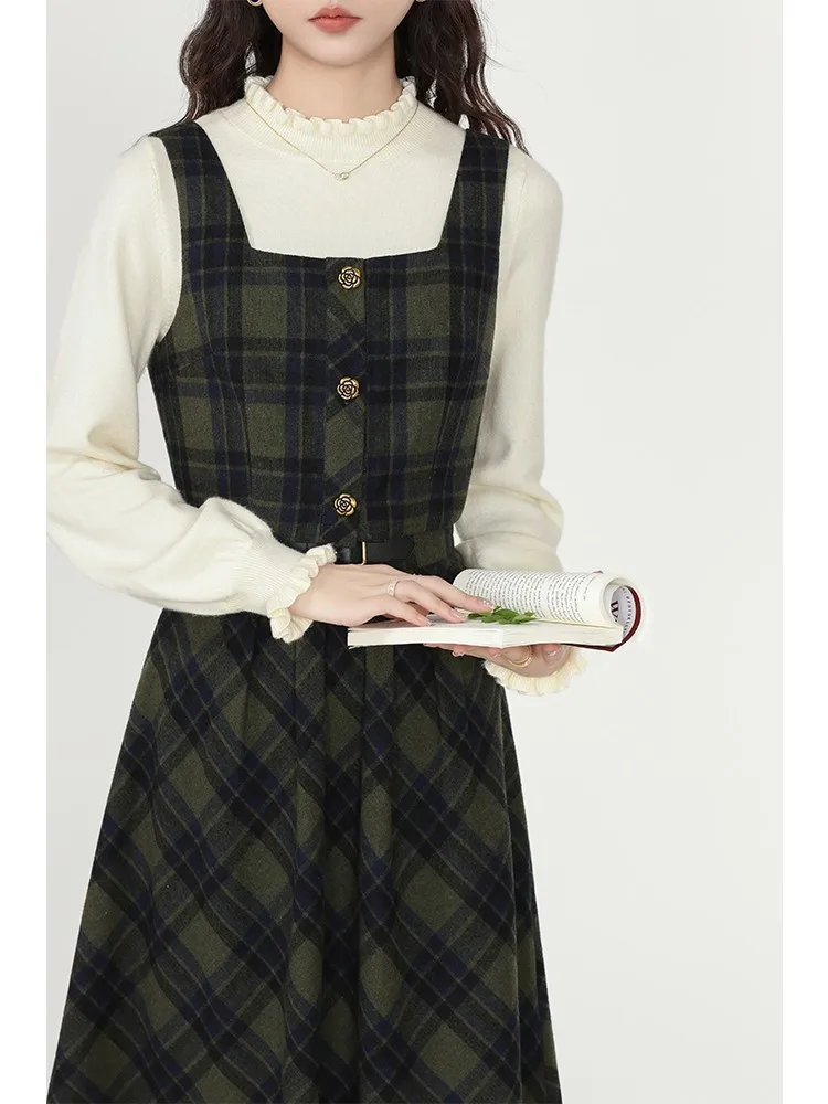 

Autumn Winter Women's round Ne Khaki Base irt High Waist Plaid Vest Set Korean Sle Slim Fit Long Sve Color