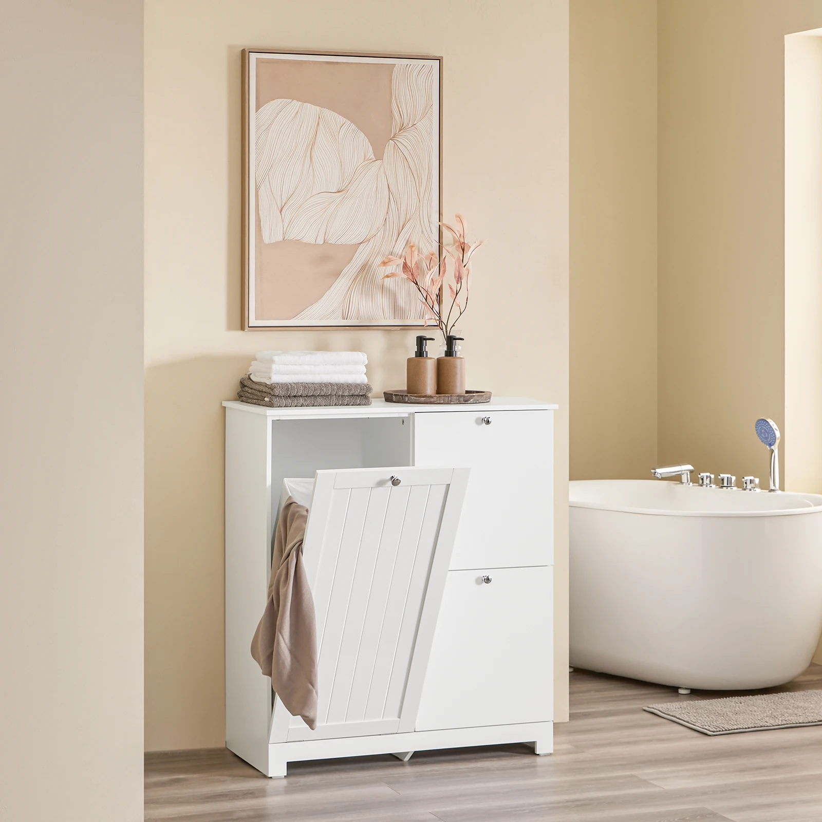 SoBuy BZR213-W mobile da bagno con 3 cestini per la biancheria, 1 grande raccoglitore per biancheria e 2 cestini in tessuto 78x38x90 cm