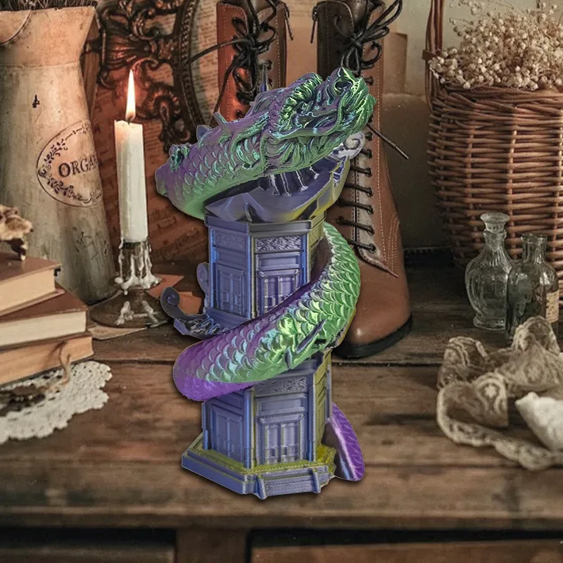 3D Printed Swirl Loong Toy Coiling Tower Chinese Dragon Figurine Statue Sculpture Home Office Bookshelf Desktop Decor Ornament