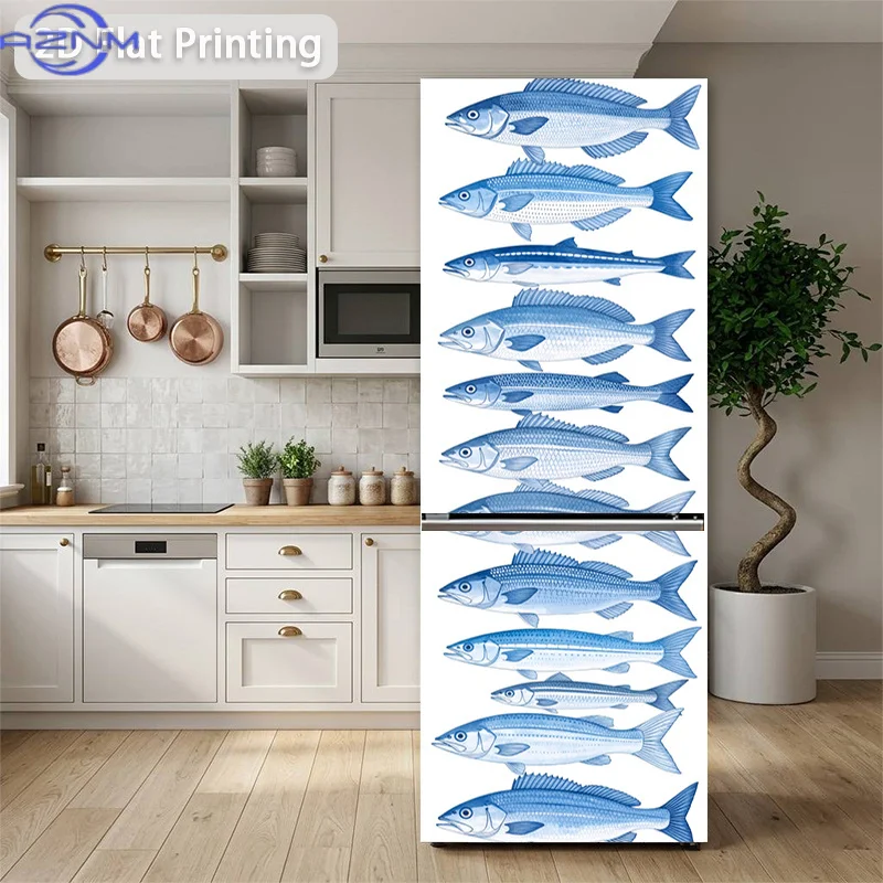 [Printing] Refrigerator Sticker 60 X 180 Cm Blue Group of Fish Theme Design Wall Decoration Self-Adhesive, Suitable for Cabine