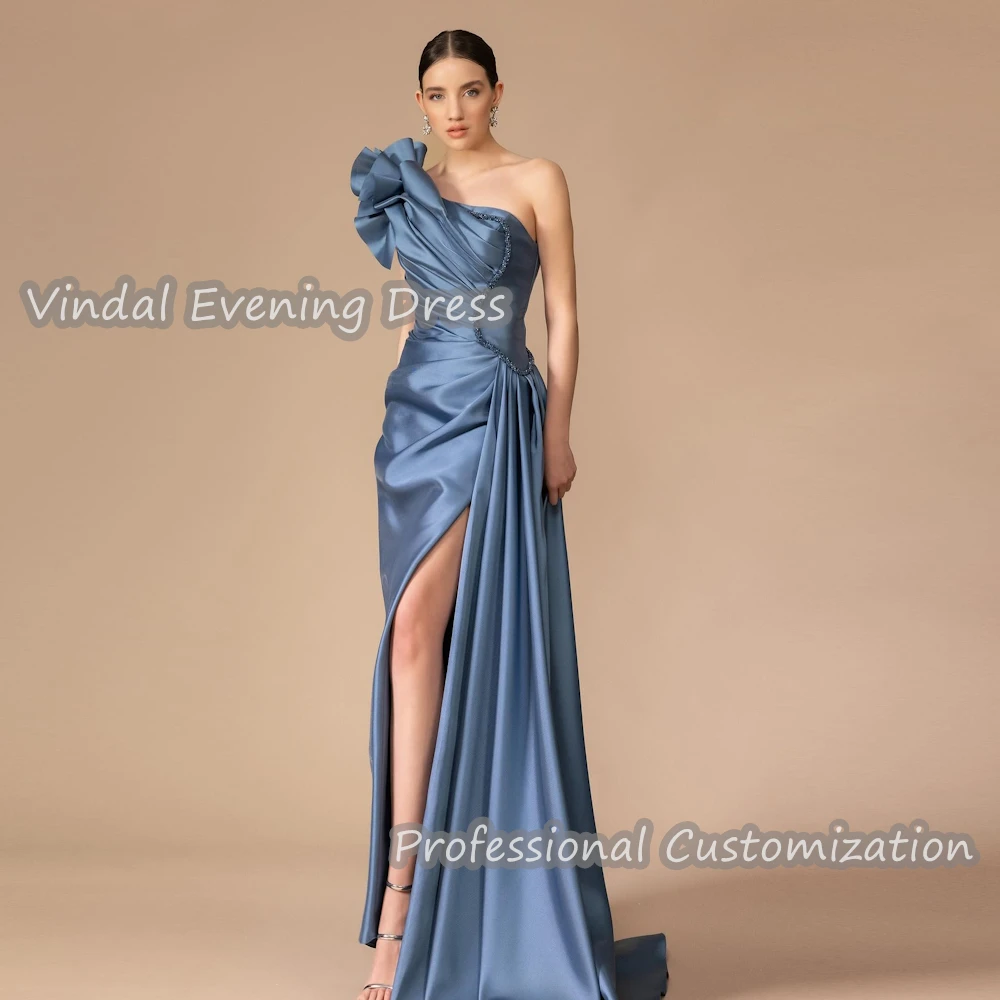 Vindal Evening Dress One Shoulder Floor Length A-Line Satin Built-in Bra Elegant Ruffle Short Sleeves Saudi Sexy For Woman 2024