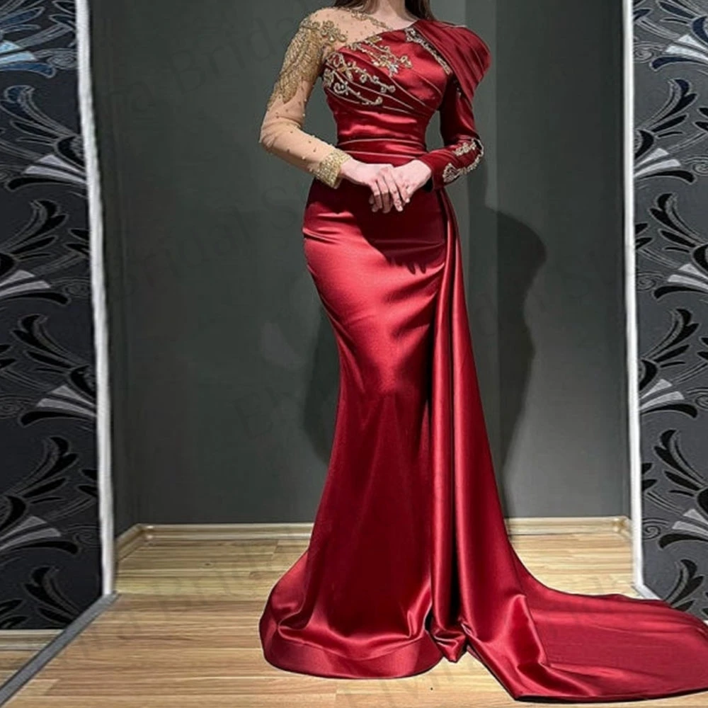 Customized Mermaid Red S Evening Dresses Asymmetrical Long Sleeves Sweep Train Special Occasion Party Gowns with Sequins Beads P