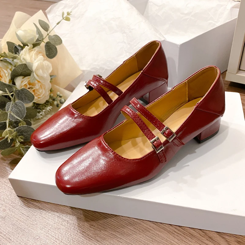 Red Patent Leather Mary Janes Shoes 2024 Summer New Fashion Elegant Women\'s Pumps Comfortable Square Heel Ladies Single Shoes