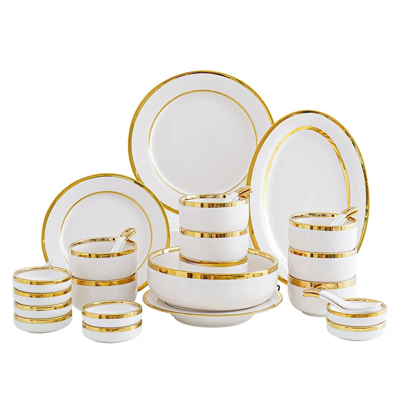 European Ceramic Plate Set Gold Stroke Decor Living Room Dinner Set Plates and Dishes Creative Western Restaurant Steak Dish