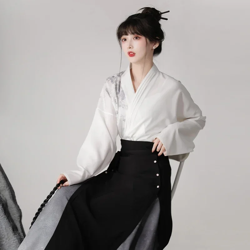 Chinese Style Ink Painting Hanfu Dress Suit Cross Collar Blouse Black Pearl Horse Face Skirt Original And Improved Modern Hanfu