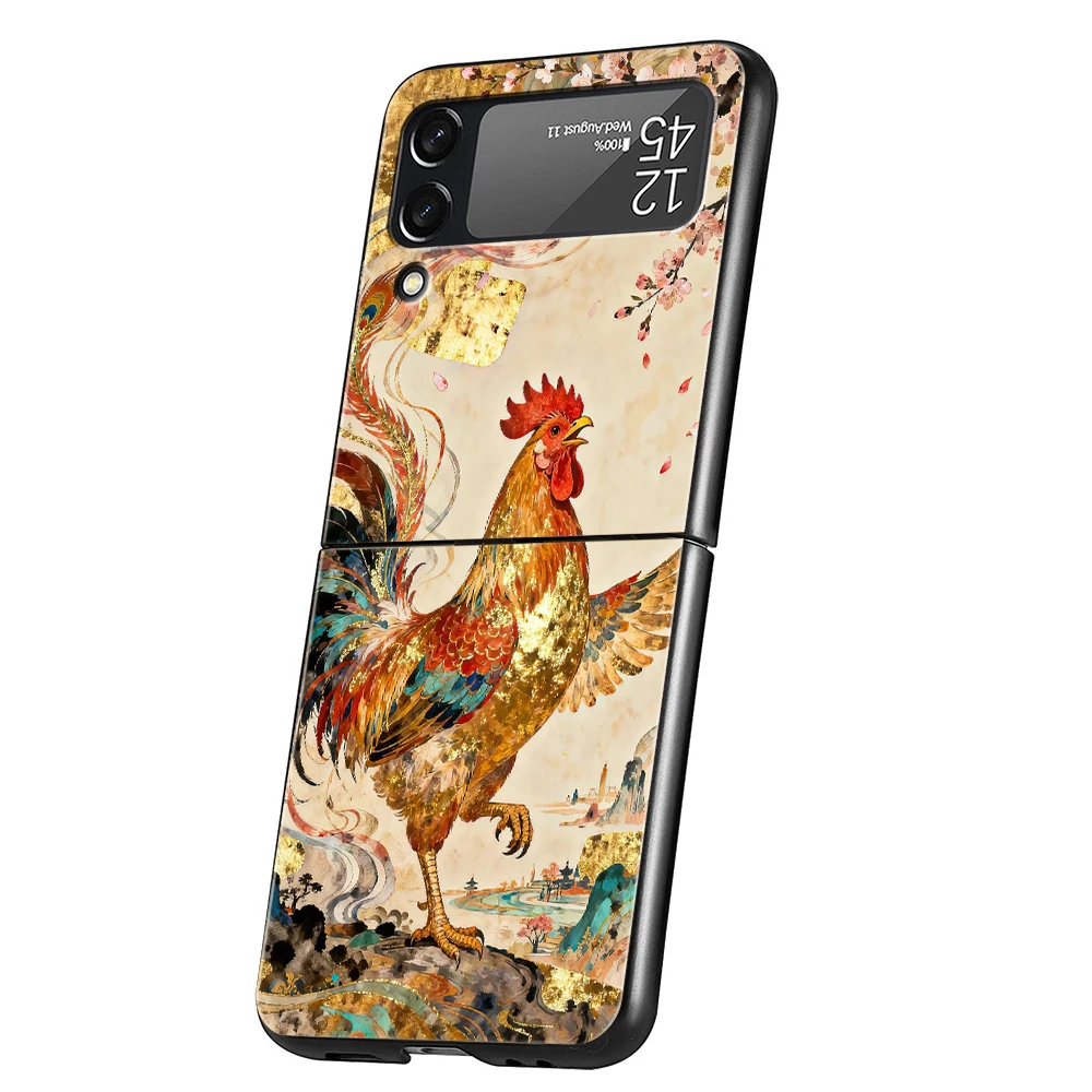 Golden Rooster Hard PC Phone Case For Samsung Galaxy Z Flip 7 6 5 4 Black Cover For Galaxy Z Flip 3 Foldable Shockproof Capa Bag