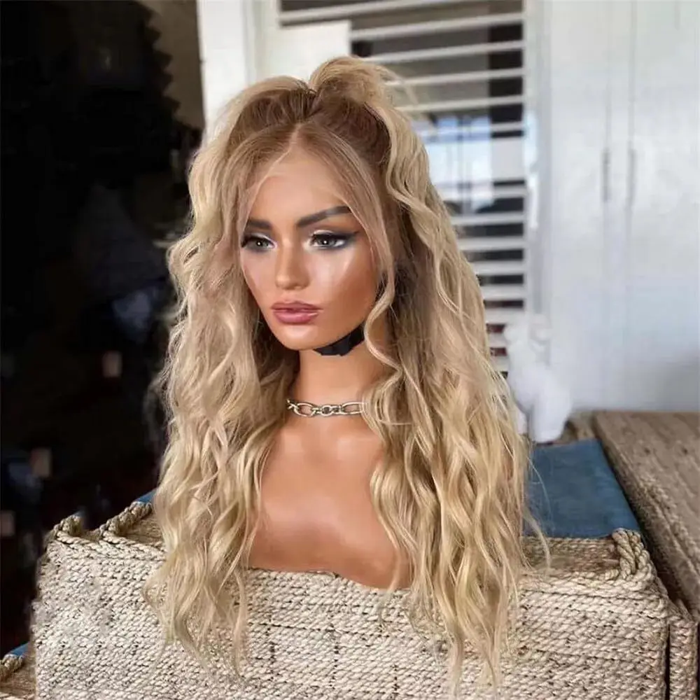 Peruca sintética com aparência realista, loiro mel, renda frontal, elástica, ombre, onda profunda, pré-selecionado, linha fina natural, fibra premium