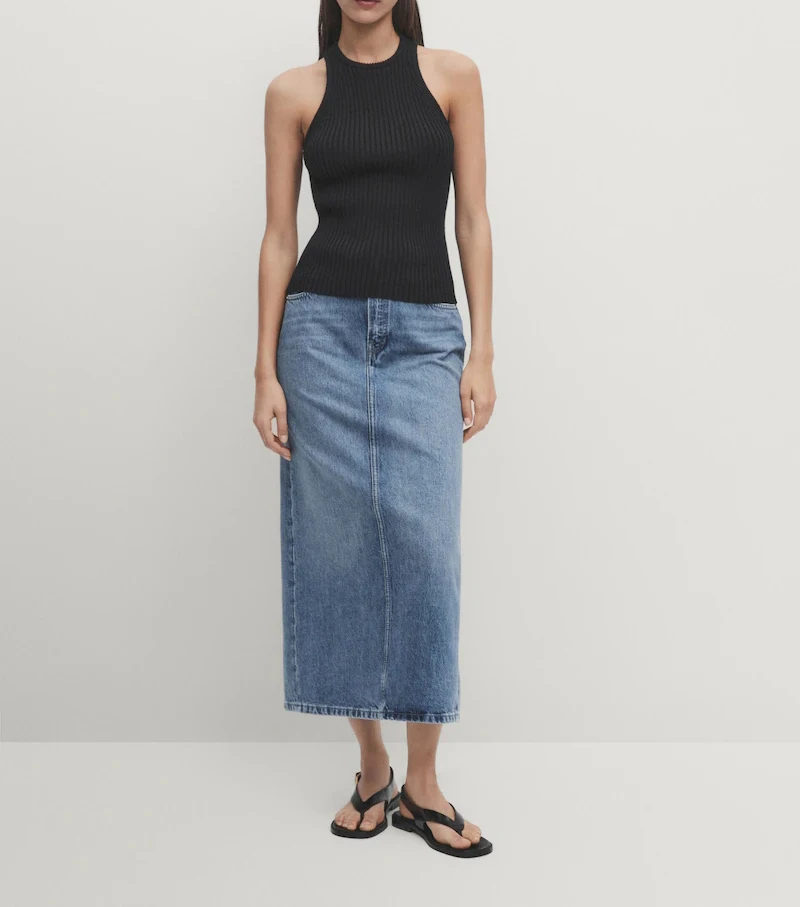 Women's Retro Classic Versatile Light Blue Denim Wrap around High Waist Midi Skirt Straight Leg Summer Collection 2024
