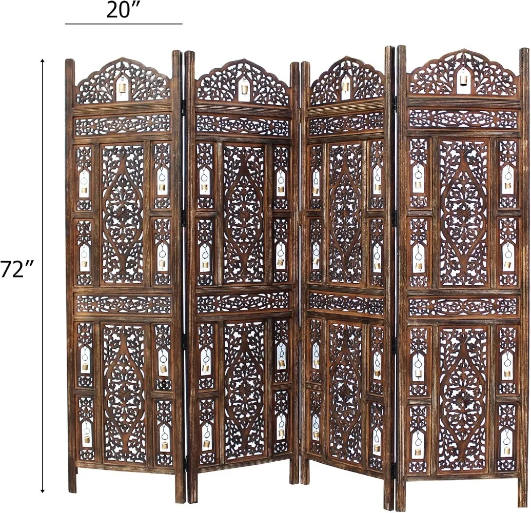 CRAFT Room Divider Wood Screen - Hand Carved Folding 4 Panels 72x80