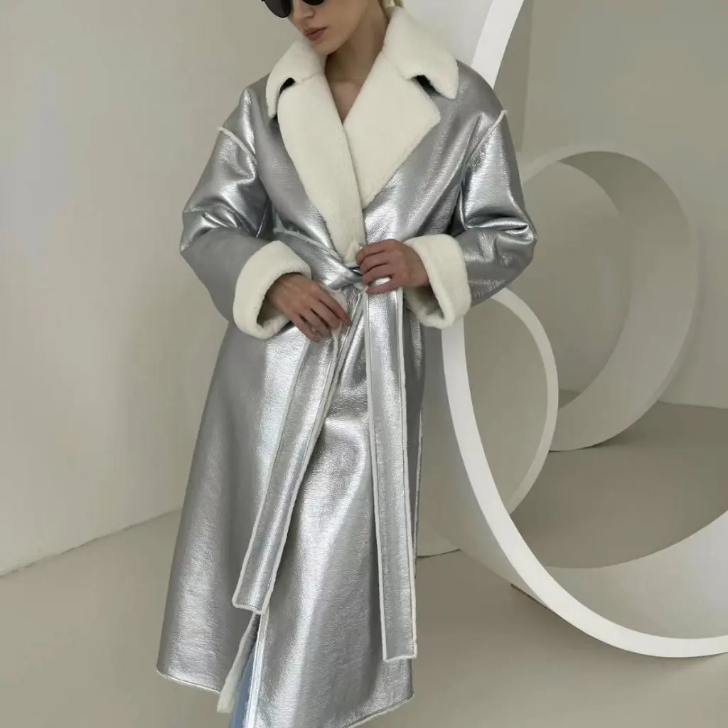 Damska kurtka flanelowa Jinhane, europejski styl, ciepła, ze skóry PU, dopasowany krój, długi płaszcz, elegancka odzież wierzchnia na zimę.