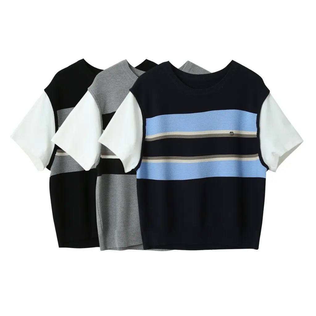 

Oufan Korean Style Women's Short Sleeve Sweater Fake Two-Piece Set Spring Temperament Jacket New