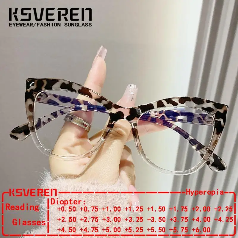 

KSVEREN Anti Blue Light Reading Glasses Women Cat Eye Optical Eyewear Frame Fashion Prescription Glasses Presbyopia Glasses