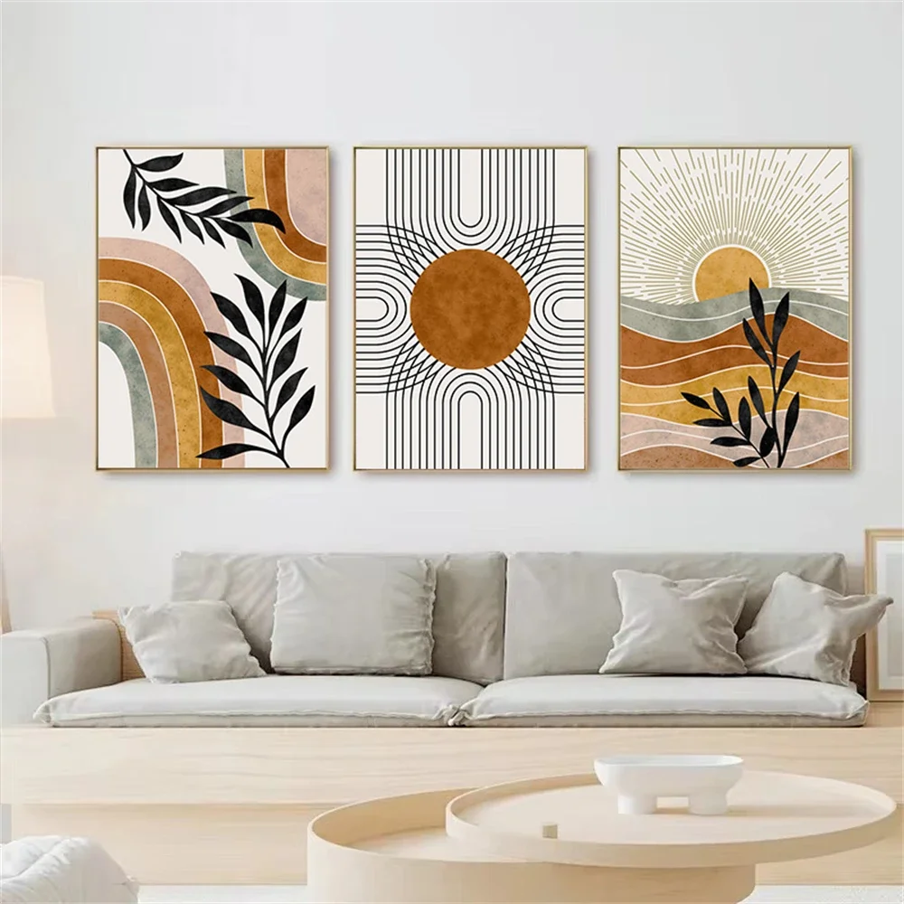 

Boho Plants Sun Canvas Painting Abstract Line Posters Leaves Wall Art Print Mid Century Modern Poster Picture Living Room Decor