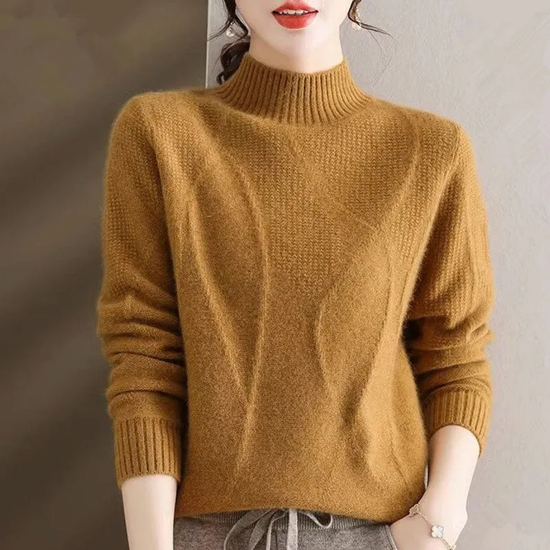 Winter Fashion Loose Thickened Half High Neck Solid Color Versatile Temperament Reduced Age Knitted Long Sleeve Women\'s Sweater