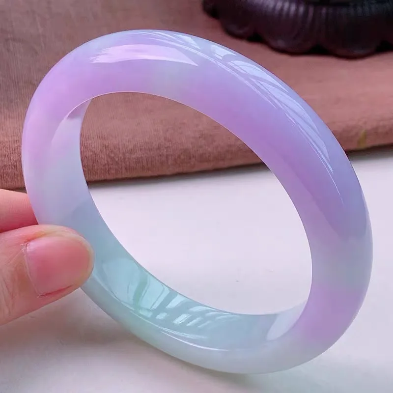 Violet Jadeite for Women, Burmese Authentic Noble Lady Bracelet, Icy and Smooth, Semi-Translucent with Purple Veins