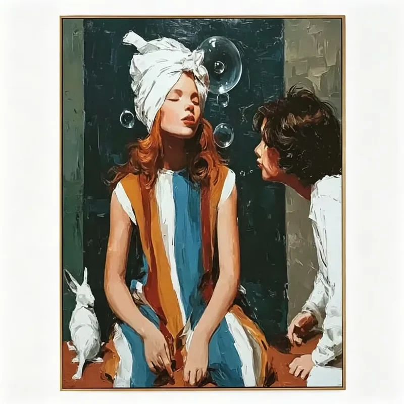 Large Artistic Canvas Art Modern Girl and Rabbit Oil Painting Hand Painted Wall Decor for Bedroom