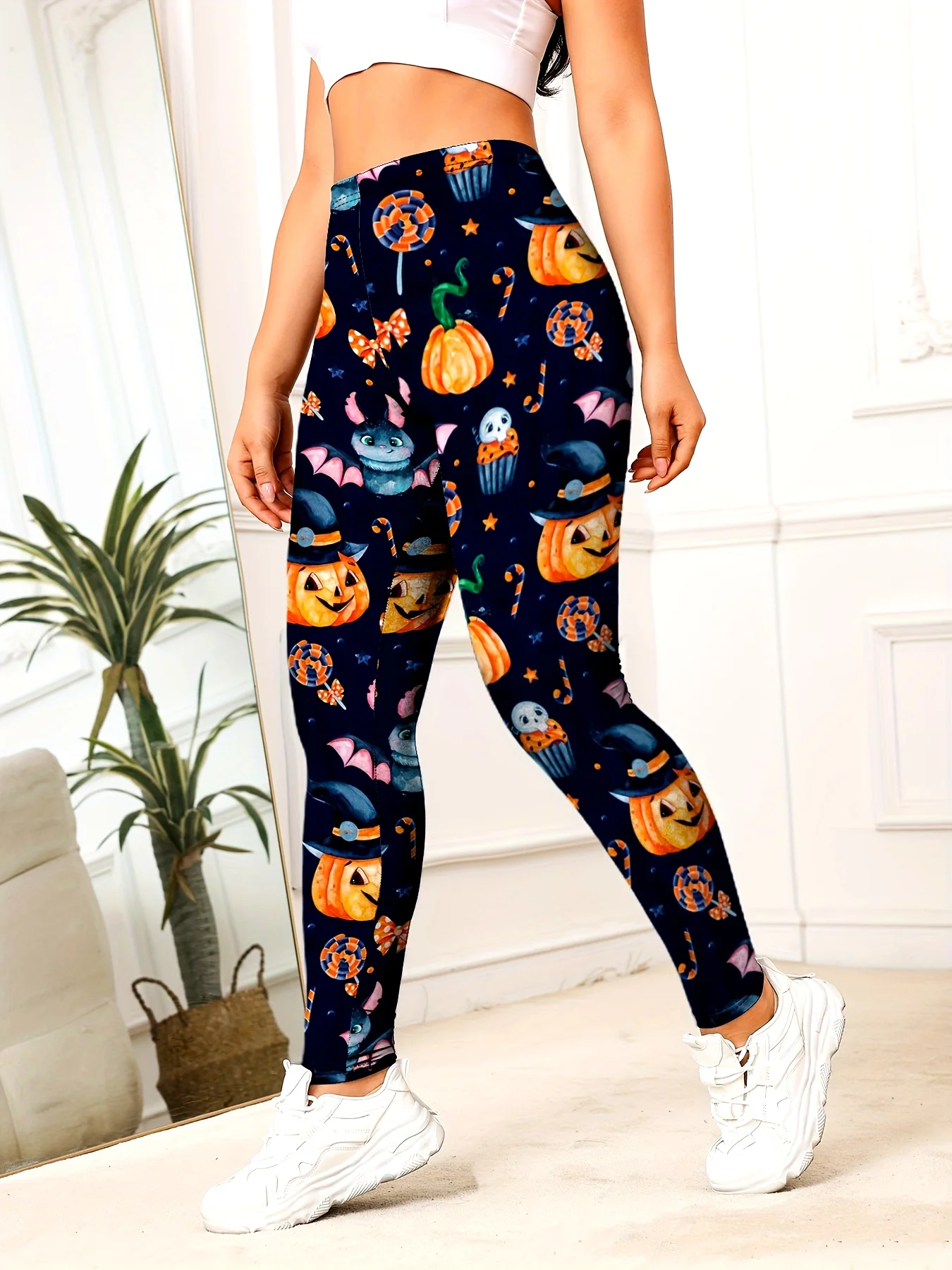 Women Mid‑Rise Fleece Lined Leggings Halloween Pumpkin Ghost Print Warm Elastic Party Pants