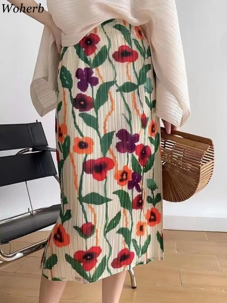

30 Colors Faldas Mujer Summer Floral Print Split Skirts Womens High Waist Pleated Jupe Vintage Saia Tunic Temperament Long Skirt